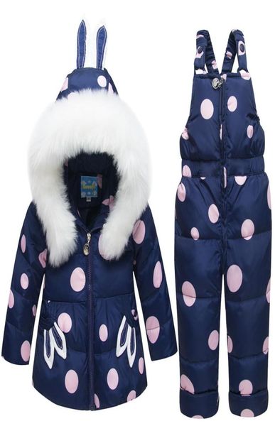 Cappotti per bambina con orecchie di coniglio in pelliccia con cappuccio Cappotto da sci Giacca da neve Pantaloni con bretelle Tuta punteggiata di piumini LJ2011268354775