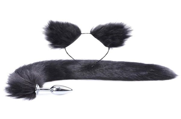 2PCs Conjunto Y Faux Fur Tail Metal Butt Plug fofo Orandes da cabeça para a figurilha de festas de role