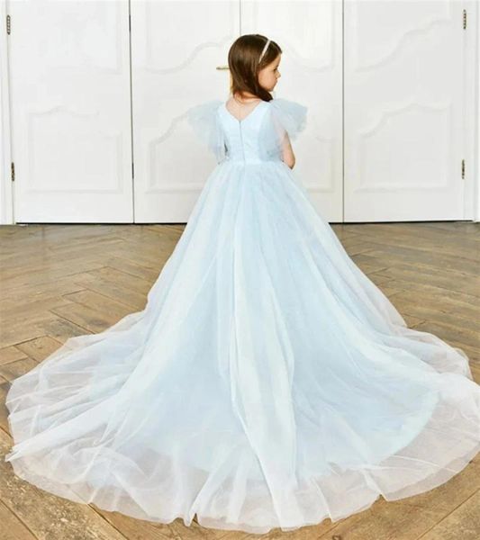 Abiti da ragazza Abito a fiori gonfi in tulle azzurro per abiti da ballo per feste di compleanno con applicazioni in pizzo di lunghezza del pavimento per la prima comunione