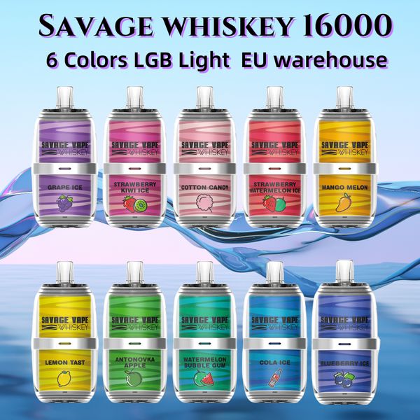 Sigarette E monouso Vape Savage Vapes Whisky 16000 vaper desechable 10 gusti 26ml 5% 650mah Mesh Coil 6 colori LGB Light Type-C vs poco vape razz bar crystal vape
