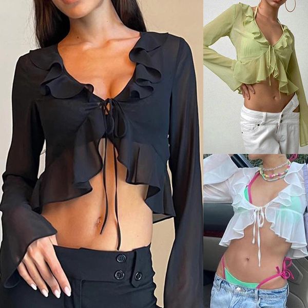 Camicette da donna Canotte in rete con volant Scollo a V profondo Camicia halter da donna Top Ragazza piccante T-shirt casual Ombelico esposto Clubwear Abbigliamento