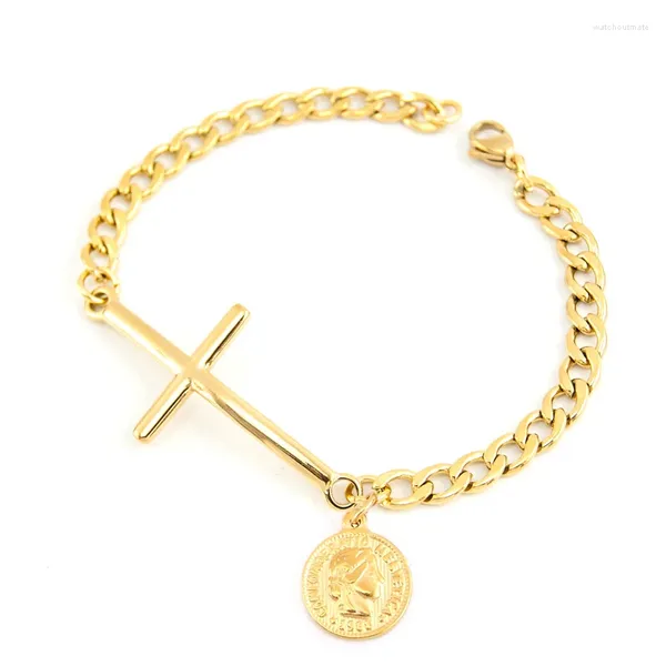 Charme Pulseiras Risul Lucky Coin Cadeado Pingente Pulseira de Cadeia Cubana para Mulheres com Conector Corss Aço Inoxidável