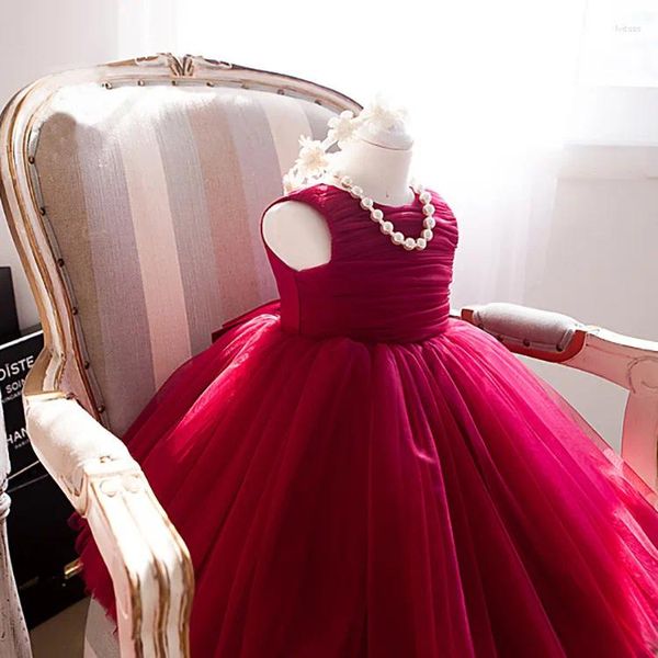 Abiti da ragazza Natale Ragazze Principessa con cerchio Fiore rosso senza maniche Festa nuziale Tulle Vestido formale senza collana