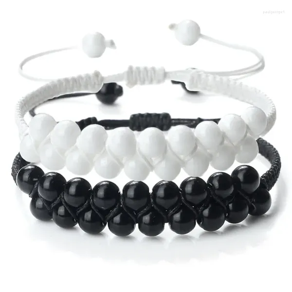 Strand 10pcs 6mm Sagiled Black White White Momen Mulheres Bracelete Madeira Duas Camadas Duas Camadas Amor de Pedra Amigo Casal Bracelets