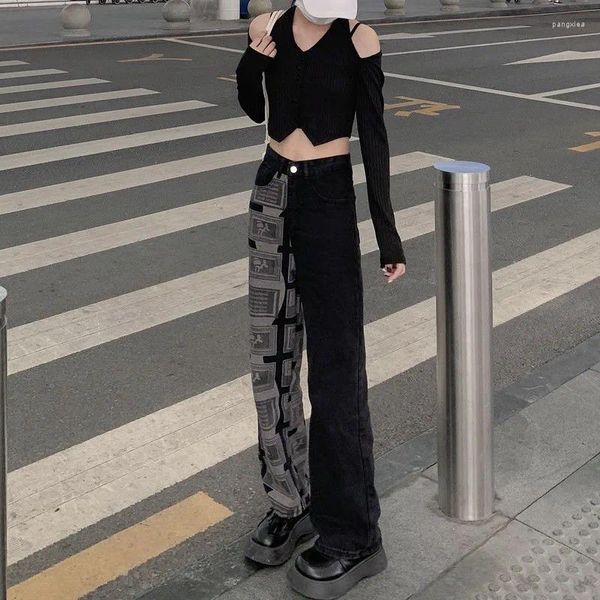 Jeans feminino Black Padrado Tubo reto de pernas larga Design sensor moda tendência