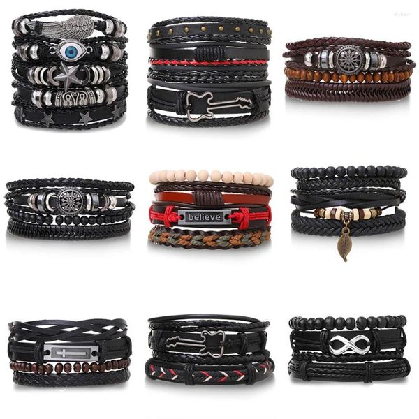 Link Armbänder Gothic Gitarre Kreuz Blatt Handgemachte Charme Weben Leder Set Für Männer Frauen Party Geschenke Männlichen Schmuck