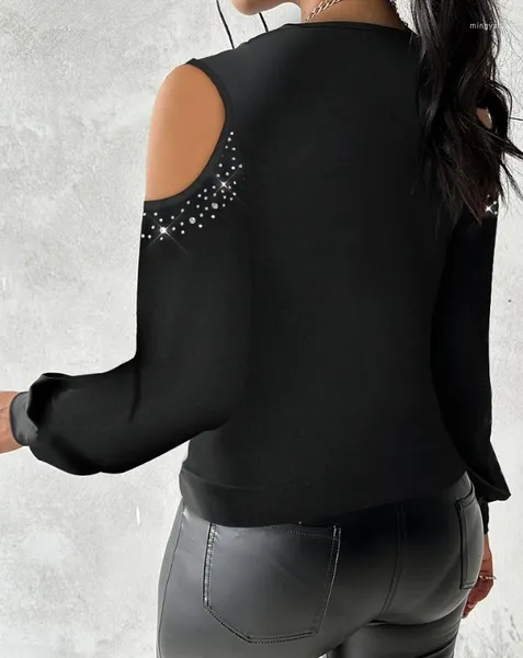 Camicette casuali per camicie da donna 2023 Summer primavera Rinestone spalla fredda a maglie a maglie a maglie a maniche lunghe