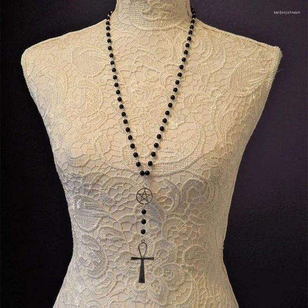 Anhänger Halsketten Mode Charme Schmuck Schwarz Perlen Rosenkranz Kreuz Halskette Gothic Pentagramm Hexe Heidnischen Damen Geschenk