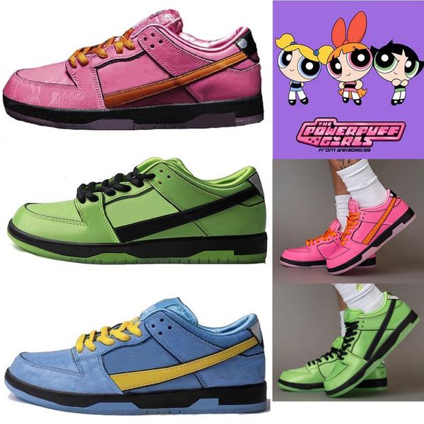 Powerpuff Girls Low Cut Kinder Freizeitschuhe Bubbles Buttercup Blossom Deep Royal Blue Pink Adult Lotus Soft Pink Mean Green Black Männer Frauen Trainer Sport Sneakers