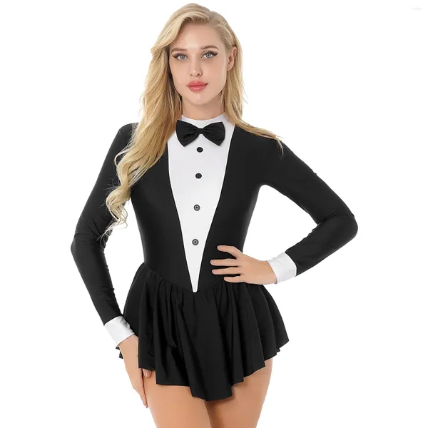 Palco desgaste feminino ballet dança vestido smoking role play traje contraste cor manga longa ginástica bodysuit collant bailarina dancewear