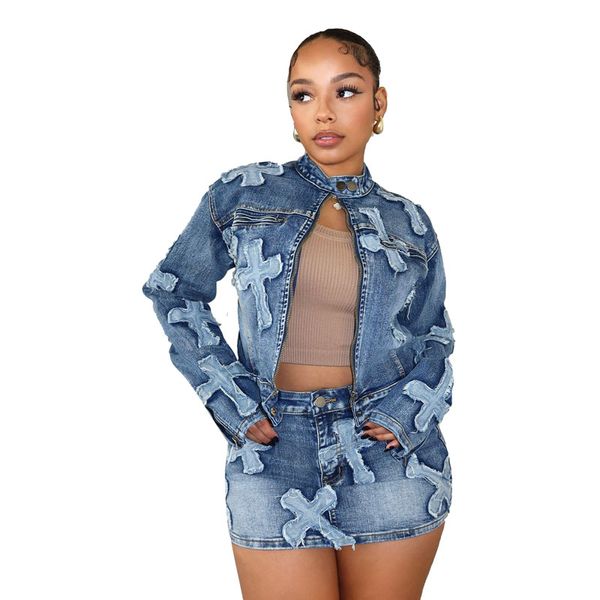 Stickerei Quaste Jeans Zweiteiliges Set Frauen Stehkragen Langarm Kurze Jacken Tops Bodycon Miniröcke Mode Denim Anzüge 2312282