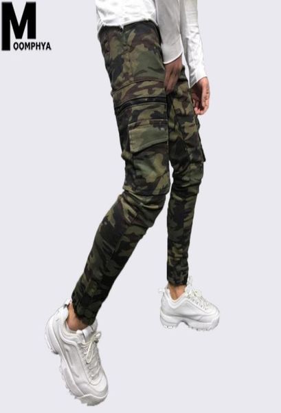 Moomphya 2019 novo bolso camo jeans skinny homens streetwear hip hop zíper camoflage calças de brim elegantes calças de carga biker8804436