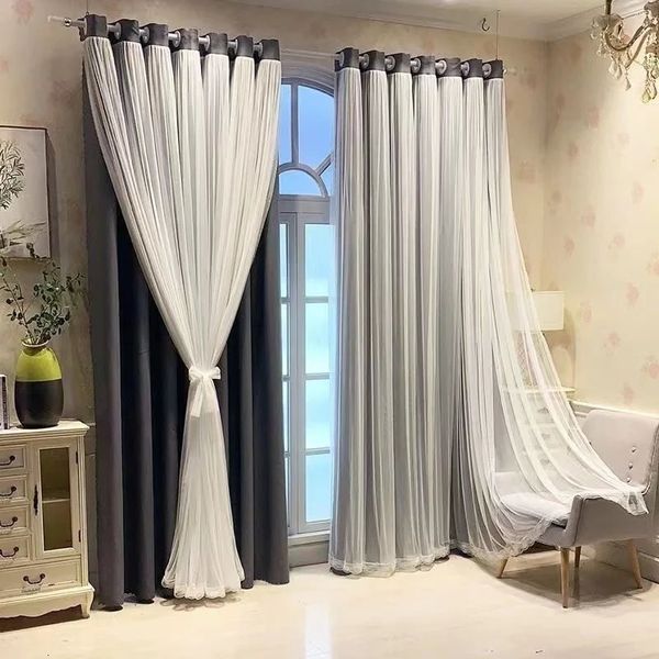 Cortina de cortina de camada dupla cortinas de desgaste acabado de laca e pano para varanda quarto 231227