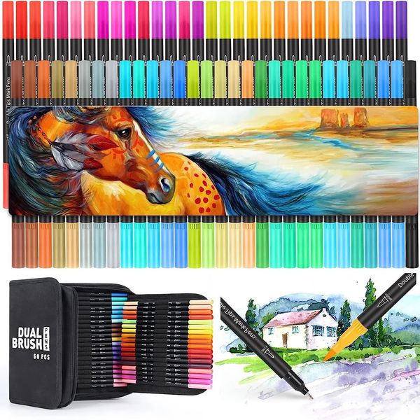 60 marcadores de escova de ponta dupla marcadores de arte para artistas canetas para colorir pincel marcadores de ponta fina para crianças adultos livros de colorir caligrafia 231227