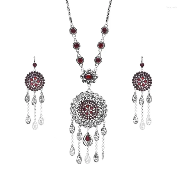 Halskette Ohrringe Set Strass Frauen Vintage Anhänger Quaste Bohemian Charms Ethno 2 PC Sets Türkische Aussage Feminina