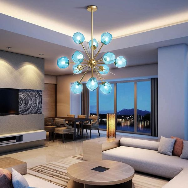 Lustre moderno Sputnik de vidro Murano - 12 luminárias de teto ajustáveis em altura de cristal azul claro e dourado para hotel, cozinha, sala de jantar, sala de estar, quarto
