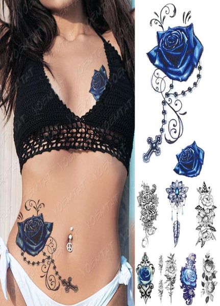 Su geçirmez geçici dövme çıkartması mavi gül şakayık çiçekleri flaş dövmeler çapraz tespih vücut sanat kolu sahte kollu tatoo kadınlar Men5701642