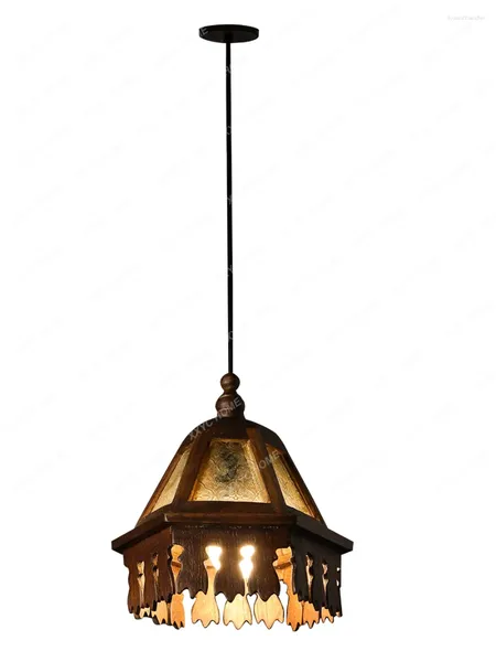 Lâmpadas pendentes estilo sudeste asiático tailandês retro lustre de madeira sólida lâmpada de cabeceira de vidro