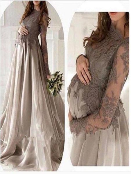 Una linea manica grigio argento pizzo organza lunghezza del pavimento abiti da sera maternità per le donne incinte eleganti abiti arabi Dubai Prom2845998