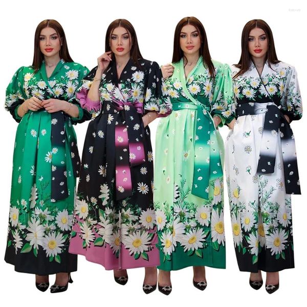 Ethnische Kleidung Saudi-Arabien Dubai Abayas Langkleid Fashion Print 5pts Ärmeln für Frauen V-Ausschnitt glänzende muslimische schlanke Schnürkleidung