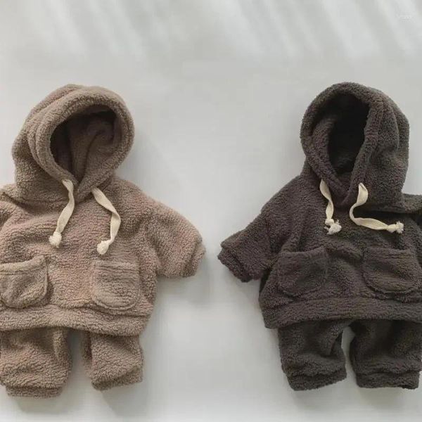 Conjuntos de roupas 2024 inverno bebê pelúcia velo engrossar quente hoodies criança meninos com capuz moletom e calças conjunto crianças 2pcs roupas terno