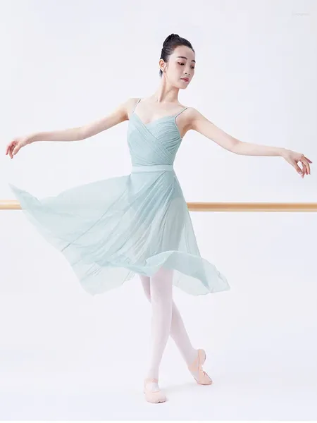 Stage Wear Gradient Ballet Girl Costume Abiti latini per adulti Body in rete Danza Pagliaccetti classici a pieghe Valzer Abito da sposa moderno