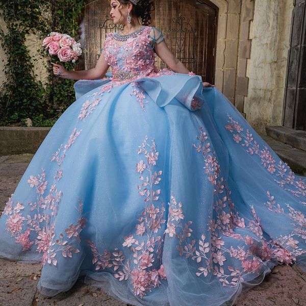 Sky Mavisi Balo Eşyası Quinceanera Elbiseler 2024 Boncuklu APLİTE 3D Çiçek Tull Tatlı 16 Elbise Dantal Korse Vestidos De 15 Anos