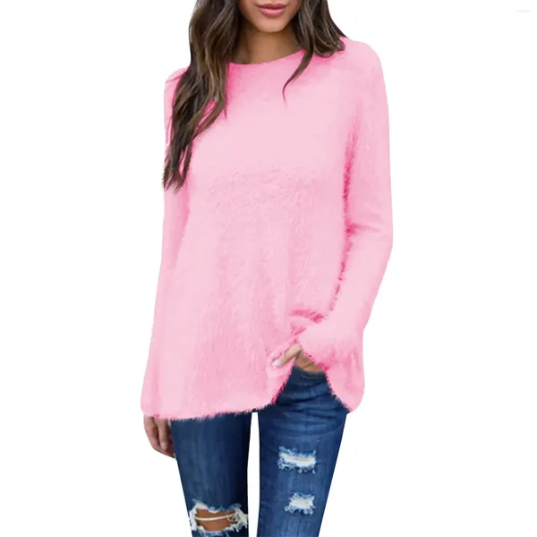 Magliette da donna Maglione caldo da donna Tinta unita O Collo Pullover lavorato a maglia in cotone allentato Camicetta lunga casual oversize Abbigliamento da donna a vita bassa