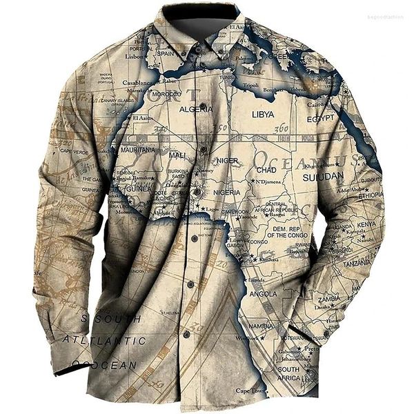 Herren lässige Shirts Vintage Map Muster Print Herbst Einer-Bastel-Strickjacke Langarm Shirt Modetrend Tops Herren Kleidung