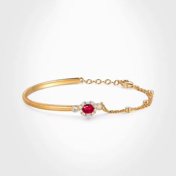 Classico ciondolo a mezza catena con rubino Bracciale in oro giallo 14k Gioielli da sposa per feste Nuovo in ciondolo ovale Braccialetti di lusso leggeri irregolari per le donne