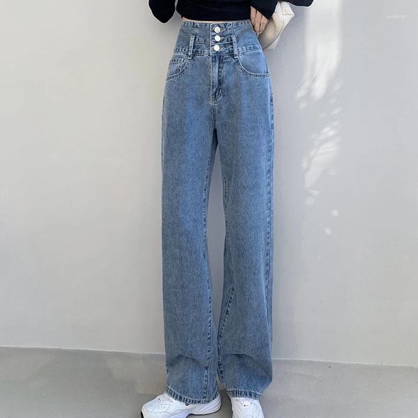 Damen-Jeans, lässig, Marke, modisch, für Damen, weites Bein, locker sitzende, gerade, lange Hose, hohe Taille, drapierte Mop-Hose, Herbst und Frühling