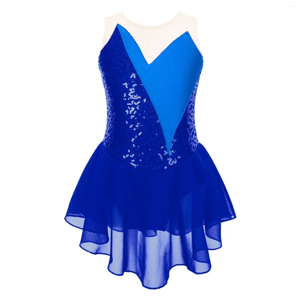 Palco desgaste vestido de patinação no gelo para meninas crianças brilhante malha splice sem mangas ballet dança collant desempenho traje bailarina dancewear