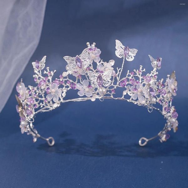 Grampos de cabelo barroco prata cor roxo cristal borboleta nupcial tiaras coroas strass pageant diadema acessórios de casamento