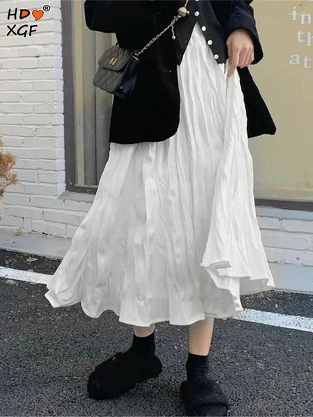Юбки Элегантная нерегулярная морщинистая длинная юбка женская с высокой талией черно-белая плиссированная корейская мода готическая миди Saia 2024