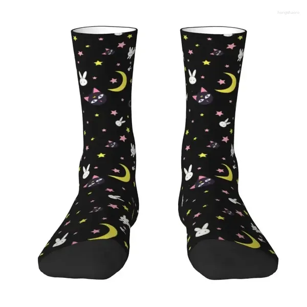 Meias masculinas Moon Marinheiros Padrão Mens Crew unissex Cool 3D Dressão de anime japonês impresso