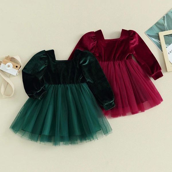 Mädchen Kleider Pudcoco Kleinkind Baby Mädchen Weihnachten Samt Kleid Lange Puffärmel Einfarbig Puffy Tüll Kleinkind Urlaub 9M-4T