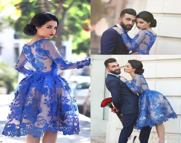 REAGEL BLUE PELA PELA LAÇA LONGA LACE Cocktail Vestres de 2019 Scoop elegante Limite uma linha Vestido de baile de baile de festa curta Homecoming H6823550