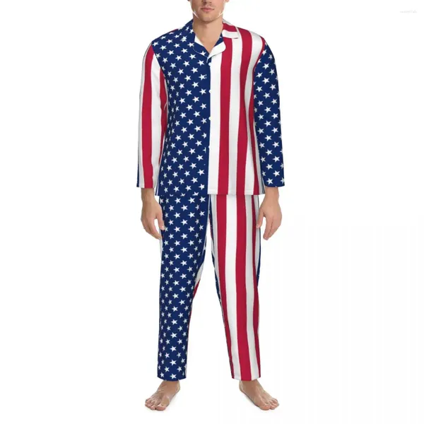 Erkekler pijama Amerikan bayrağı pijama set çizgiler ve yıldızlar sevimli kadınlar uzun kollu gevşek günlük 2 adet gece kıyafetleri büyük boy 2xl