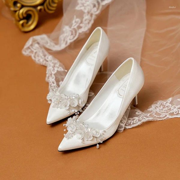 Туфли для невесты, женские туфли-лодочки на высоком каблуке-шпильке, 2023 г., свадебные туфли-лодочки с цветочным принтом и жемчугом, большие размеры 34–43