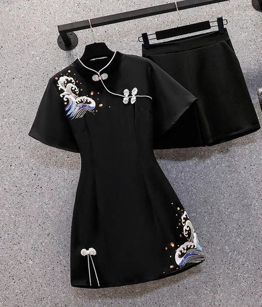 Ruides femininos de estilo chinês estampa vintage slim mini duas peças vestido calças curtas definidas de verão senhoras graciosas mangas pretas z08