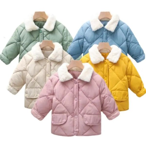 Meninas moda gola de pele leve para baixo jaqueta infantil crianças doces colorido jaqueta bebê outono inverno roupas han edição casaco 231228
