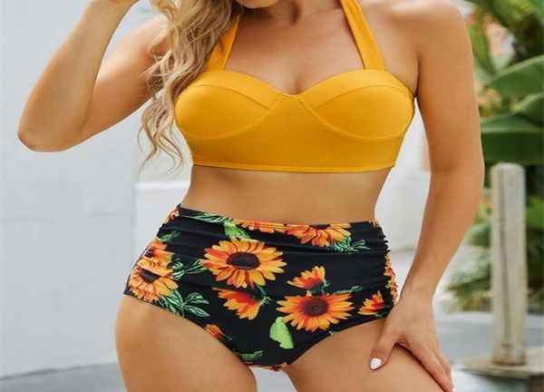 Mulheres sexy push up bikini conjunto de cintura alta maiô floral banho verão beachwear 2206202905475