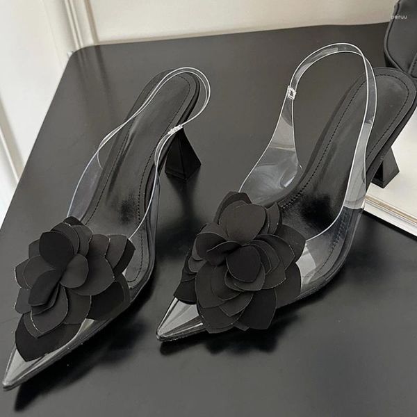 Kleid Schuhe Schwarz Spitze Zehen Design Mode Heels Frauen Blume Slingback Transparent PVC Slope Heel Sandalen Party Mules Pumps