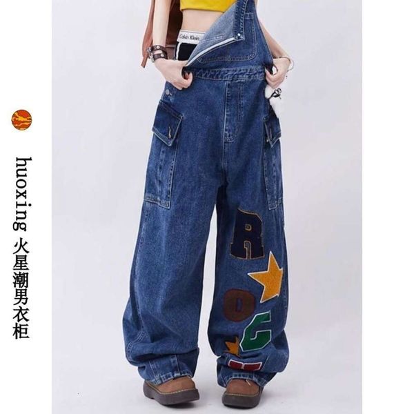 Americano novo macacão jeans feminino com letras versátil verão retro solto emagrecimento estilo preguiçoso macacões de perna larga