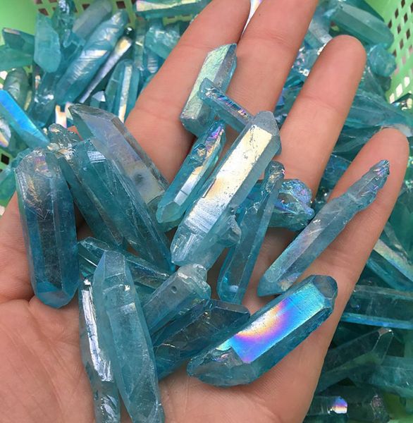 6 pçs azul titânio aura anjo varinha pontos natural cristal cru áspero cura topázio lemurian semente prisma cluster encantos stone6786829