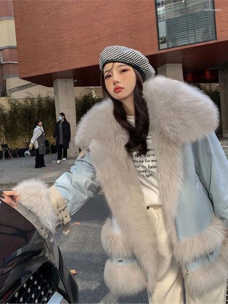 Mulher de pele feminina inverno estilo coreano jaqueta casaco falso motocicleta parka moda quente curto 2023