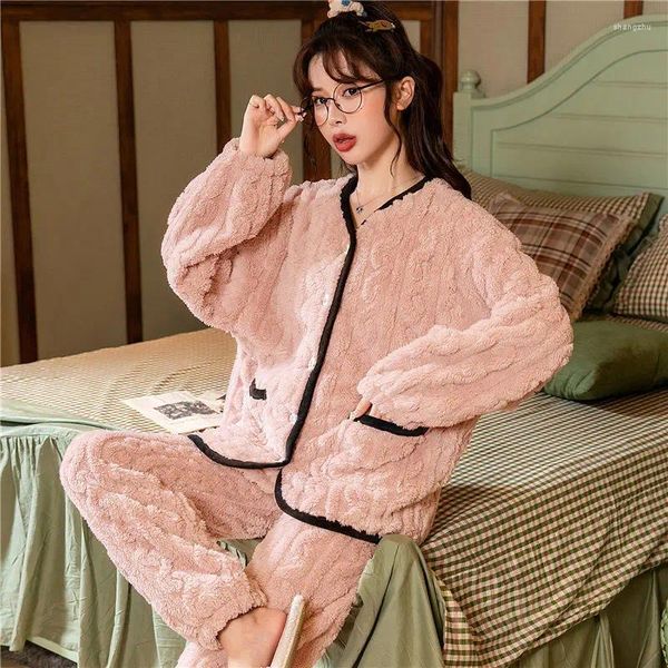 Lady Sleep Sleep feminino sets de pijamas com bolso com bolso sexy camisola caseira de flanela camisa salounge 2pcs