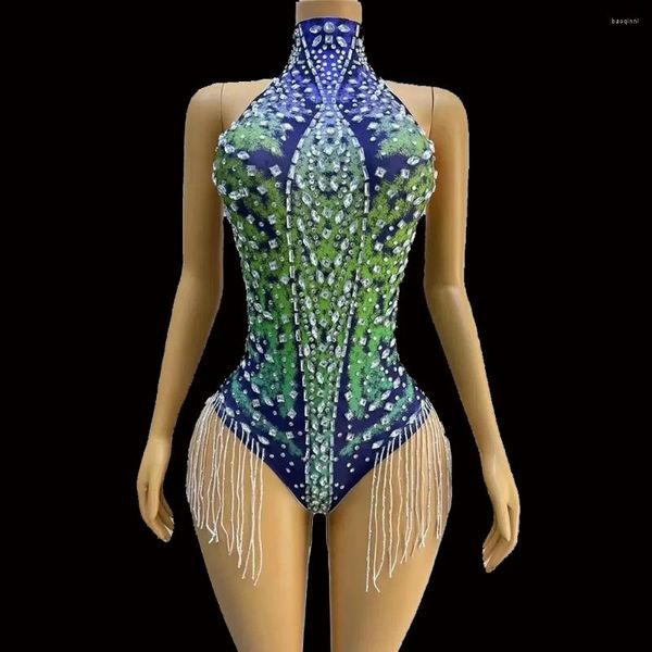 Sahne Giyim Seksi Mavi Yeşil Gümüş Rhinestones Fringes kolsuz streç püsküller bodysuit doğum günü kutlama parti poshoot kostüm