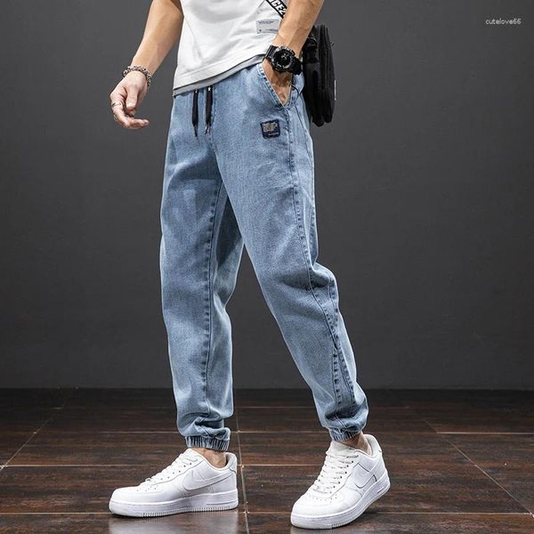 Jeans masculinos verão fino cordão japão harajuku streetwear denim harlem casual corredores sete calças