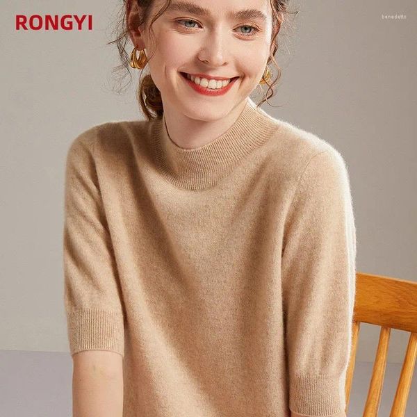 Maglioni da donna RONGYI T-shirt a maniche corte in puro cashmere da donna Pullover lavorato a maglia mezzo maglione